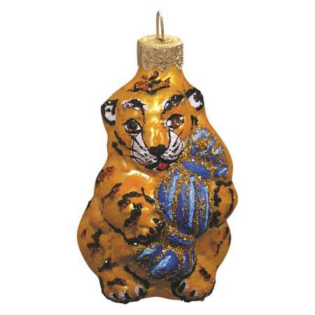 Новогоднее украшение Тигренок с конфетой стекло оранжевое (высота 9 см)